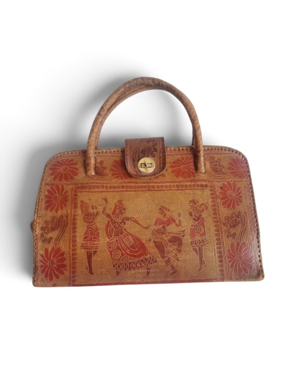 Vintage Indian Boho Tooled Painted Leather Bag Tan With Burgundy